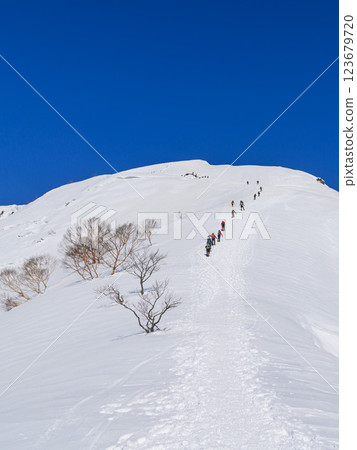 雪中登山:谷川天神山脊的壯麗景色與登山者 雪中登山:谷川天神山脊的壯麗景色與登山者 123679720