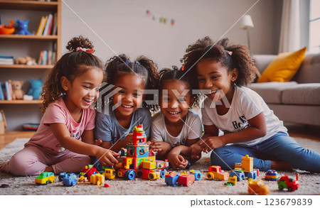 Four young girls are playing with a large pile of Legos on the floor. They are all smiling and seem to be having a great time Four young girls are playing with a large pile of Legos on the floor. They are all smiling and seem to be having a great time 123679839