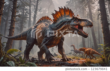Large dinosaur is walking through a forest with other dinosaurs in the background. Scene is one of adventure and exploration, as the dinosaurs are roaming freely in their natural habitat Large dinosaur is walking through a forest with other dinosaurs in the background. Scene is one of adventure and exploration, as the dinosaurs are roaming freely in their natural habitat 123679841