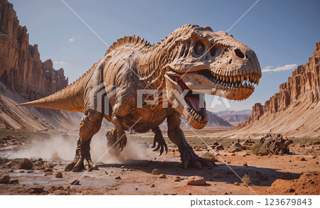 Large dinosaur is running through a desert. The dinosaur is a T-Rex and is in the middle of the desert 123679843