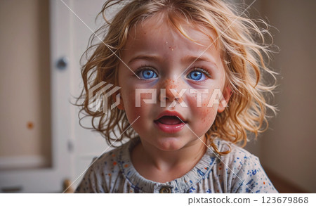 Young blonde girl with blue eyes and a blue shirt. She is smiling and looking at the camera 123679868