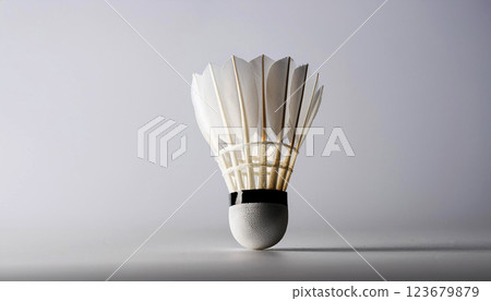 badminton shuttlecock and badminton racket, a badminton shuttlecock resting on a green court near the white boundary line, training materials, and marketing for badminton events 123679879