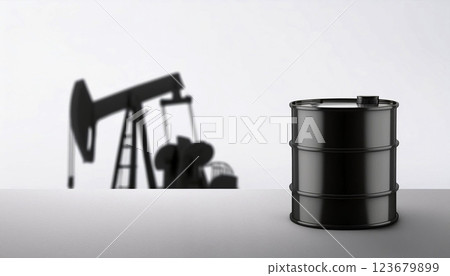 oil pump and oil, depicting a pile of black sand like petroleum residue in the foreground with a blurred miniature oil pump jack, fossil fuel industry, and energy production 123679899