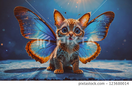 Kitten is sitting on a blue surface with a butterfly on its back. The butterfly is blue and orange, and the kitten is looking up at the camera. The image has a whimsical and playful mood 123680014