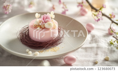 Delicate pastel-hued entremet on a fine dining plate with subtle Easter elements for a spring celebration 123680073