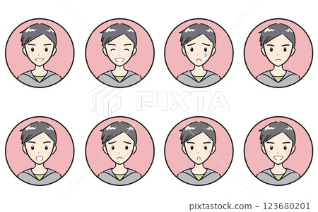Icon set of various expressions of joy, anger, sadness and happiness of elementary school boys, pink 123680201