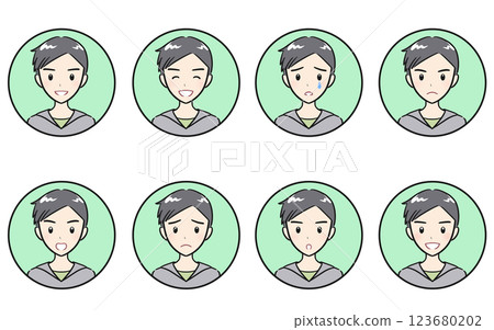 小學男生各種喜怒哀樂表情的圖示集,綠色 小學男生各種喜怒哀樂表情的圖示集,綠色 123680202