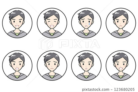 Icon set of various facial expressions of elementary school boys Icon set of various facial expressions of elementary school boys 123680205