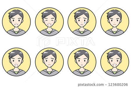 Icon set of various expressions of joy, anger, sadness and happiness of elementary school boys Yellow 123680206