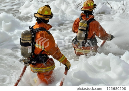 Firefighters navigating foam filled environment for emergency response and training 123680208