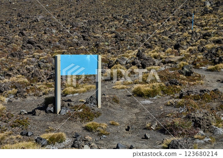 Sign board on mountain trail 123680214