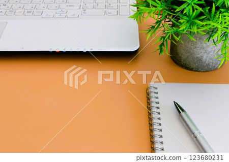 Desk work, business items, computer and notebook Desk work, business items, computer and notebook 123680231