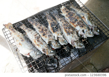 Charcoal grilled salted trout Charcoal grilled salted trout 123680396