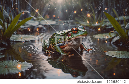 Frog is sitting in a pond with a lot of light shining on it. The frog is surrounded by water lilies and there are some bugs in the water 123680442