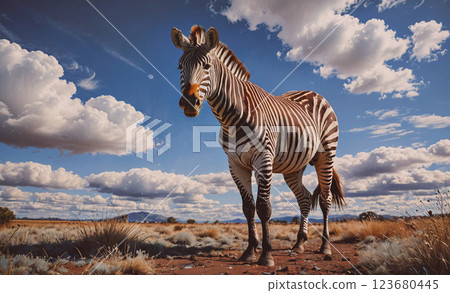 Zebra standing in a field with a cloudy sky in the background. The zebra is looking at the camera, and the scene has a peaceful and serene mood Zebra standing in a field with a cloudy sky in the background. The zebra is looking at the camera, and the scene has a peaceful and serene mood 123680445