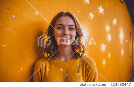 Woman in a yellow shirt is smiling and standing in front of a wall with stars on it Woman in a yellow shirt is smiling and standing in front of a wall with stars on it 123680447