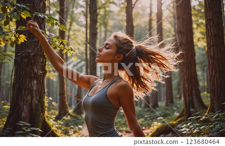 Woman is standing in a forest, with her hair blowing in the wind. She is wearing a grey tank top and she is enjoying the peacefulness of the woods 123680464