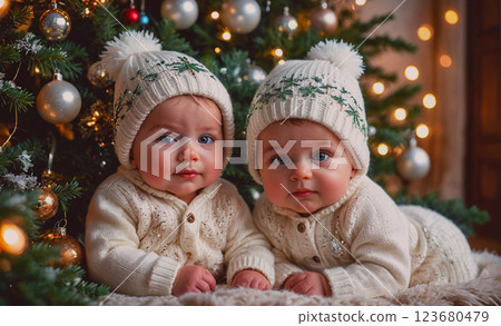 Two babies are laying on their backs under a Christmas tree. They are wearing white hats and white clothing 123680479