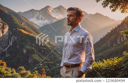 Man in a white shirt stands in front of a mountain range. The mountains are covered in snow, and the man is wearing a brown belt. The scene is serene and peaceful, with the man looking out over the 123680494