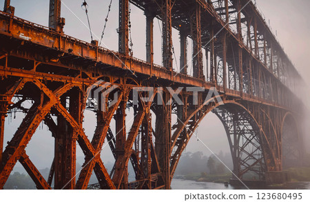 Bridge with a foggy sky in the background. The bridge is old and rusty. The bridge is a large structure that spans across a river 123680495