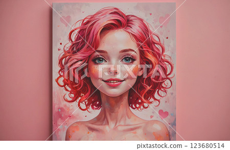 Girl with red hair and a pink background. The girl is smiling and has a heart on her forehead 123680514