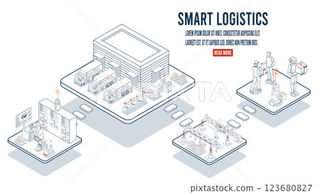 Smart logistics automated warehouses, efficient labor, wireless transport, robotics, Industry 4.0 with AGV and AMR. Smart logistics automated warehouses, efficient labor, wireless transport, robotics, Industry 4.0 with AGV and AMR. 123680827