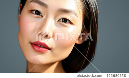 Portrait of beautiful asian woman on isolated grey background 123680858