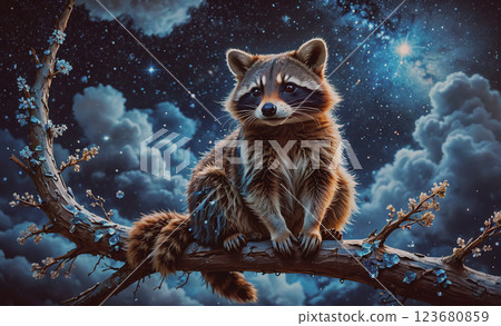 Raccoon is sitting on a branch in the night sky. The sky is filled with stars and clouds, creating a peaceful and serene atmosphere. The raccoon appears to be enjoying the quiet and calm of the night Raccoon is sitting on a branch in the night sky. The sky is filled with stars and clouds, creating a peaceful and serene atmosphere. The raccoon appears to be enjoying the quiet and calm of the night 123680859