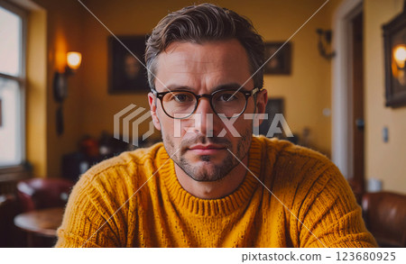 Man wearing glasses and a yellow sweater is sitting in a room with a yellow wall. He is looking directly at the camera Man wearing glasses and a yellow sweater is sitting in a room with a yellow wall. He is looking directly at the camera 123680925