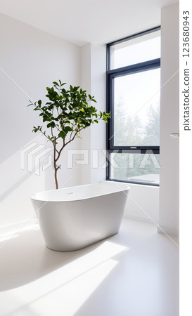 Scandinavian style bathroom interior in light colors. The bathtub is located near the window 123680943