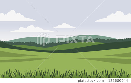 Peaceful Green Meadow Field Hills Nature Landscape with Grass in Summer 123680944