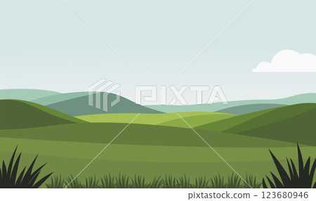 Peaceful Green Meadow Field Hills Nature Landscape with Grass in Summer 123680946