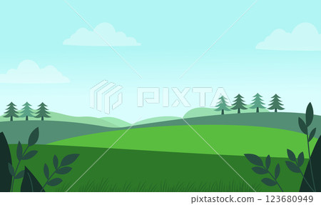 Peaceful Green Meadow Field Hills Nature Landscape with Plant in Summer 123680949