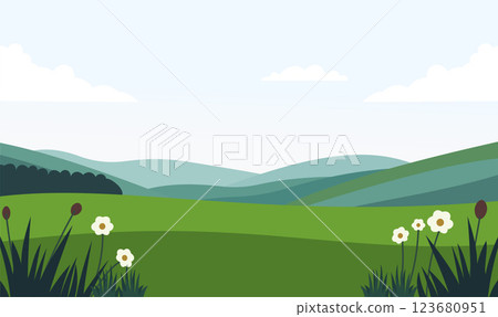 Peaceful Green Meadow Field Hill Nature Landscape with Flower Floral Plant in Summer 123680951