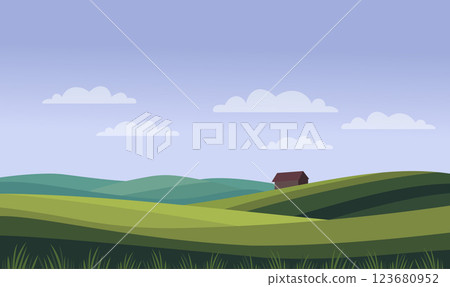Peaceful Green Meadow Field Hill Nature Landscape with Home House in Summer 123680952