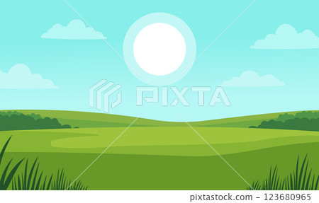 Peaceful Green Meadow Field Hill Nature Landscape with Sun in Summer Bright Sky 123680965