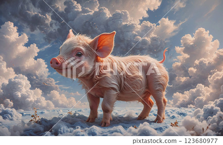 Pig is standing on a snowy field with clouds in the background. The pig is looking up at the sky, and the clouds are dark and ominous. Scene is one of mystery and foreboding 123680977
