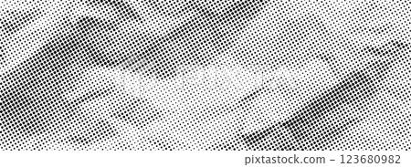 Crumpled paper halftone texture. Dotted rough wrinkled background. Old creased paper sheet wallpaper. Comic pop art grain overlay. Aged damaged gritty page in cartoon style. Vector crumpled surface 123680982