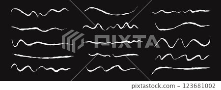 Hand drawn chalk wavy lines set. White pastel squiggle underlines and strokes collection. Crayon wave brushstroke bundles. Rough sketch marks and highlights for divide, separate and emphasis. Vector 123681002