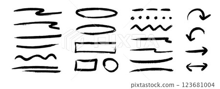 Black charcoal hand drawn shapes and frames set. Straight and curved paintbrush line set. Rough Sketch stripes and forms for diagram, highlight, underline, emphasis. Vector scribbled crayon strips 123681004