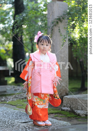 A 3-year-old girl visiting a shrine for the Shichigosan festival A 3-year-old girl visiting a shrine for the Shichigosan festival 123681015