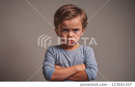 Young boy with a scowl on his face and his arms crossed. He looks angry and upset 123681107