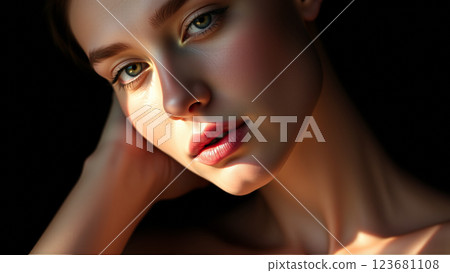Portrait of a beautiful woman on an isolated dark background 123681108