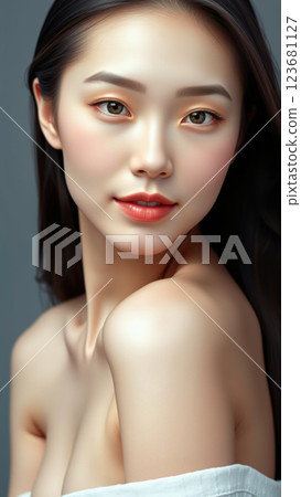 Portrait of beautiful asian woman on isolated grey background 123681127