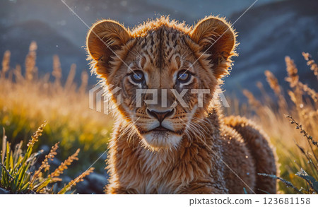 Baby lion is laying in the grass with its eyes closed. The scene is peaceful and serene, with the baby lion looking content and relaxed 123681158