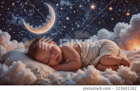 Baby is sleeping in a bed with a moon and stars in the background. The scene is peaceful and calming, with the baby's innocence and the beauty of the night sky creating a serene atmosphere 123681162