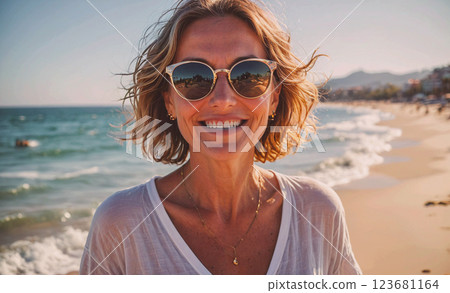 Woman wearing sunglasses and a white shirt is smiling at the camera on a beach. Concept of happiness and relaxation, as the woman is enjoying her time at the beach 123681164