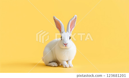 Cute white rabbit on isolated yellow background 123681201