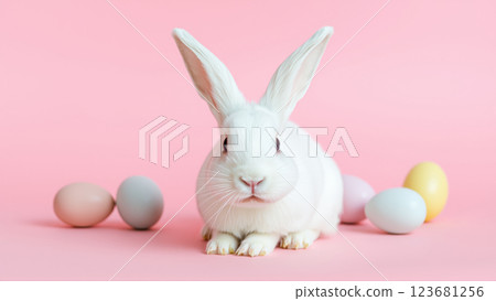 White fluffy rabbit sits on pink isolated background among colorful eggs White fluffy rabbit sits on pink isolated background among colorful eggs 123681256