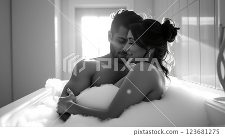 Monochrome image of a bathtub filled with foam. In the bathtub, a woman and a man in love are embracing Monochrome image of a bathtub filled with foam. In the bathtub, a woman and a man in love are embracing 123681275